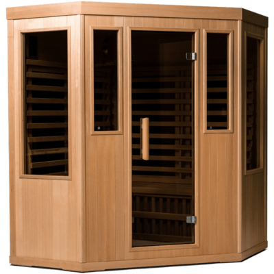 Our new 3-person corner infrared sauna fits conveniently in the corner of rooms, with enough space for 3 adults. 3-Person Corner Hybrid Series Infrared Sauna
