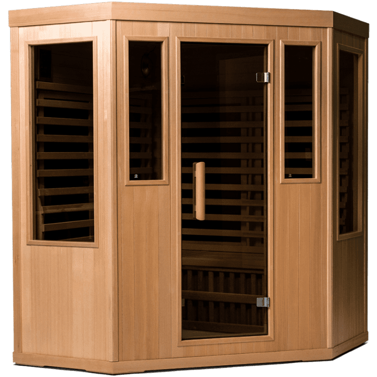 Our new 3-person corner infrared sauna fits conveniently in the corner of rooms, with enough space for 3 adults. 3-Person Corner Hybrid Series Infrared Sauna