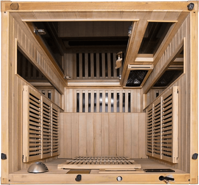 Good Health Saunas' 1 person infrared sauna will comfortably fit 1 person. The unit is small enough to fit almost anywhere in your home. 1 person infrared sauna interior